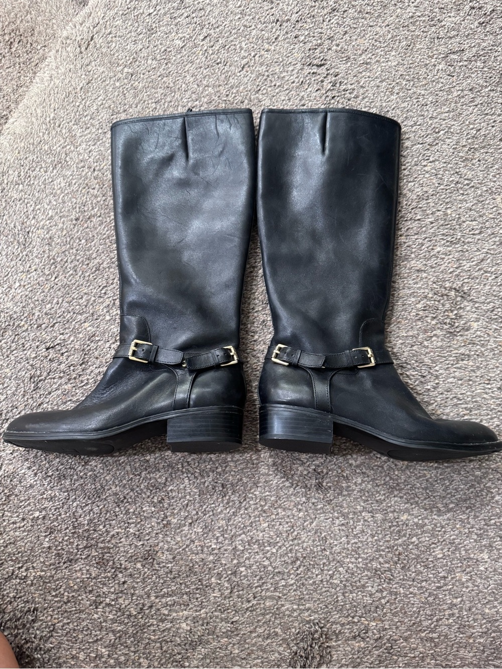 Lauren Ralph Lauren Black Leather Mid-Calf Riding Boots with Buckle Detail